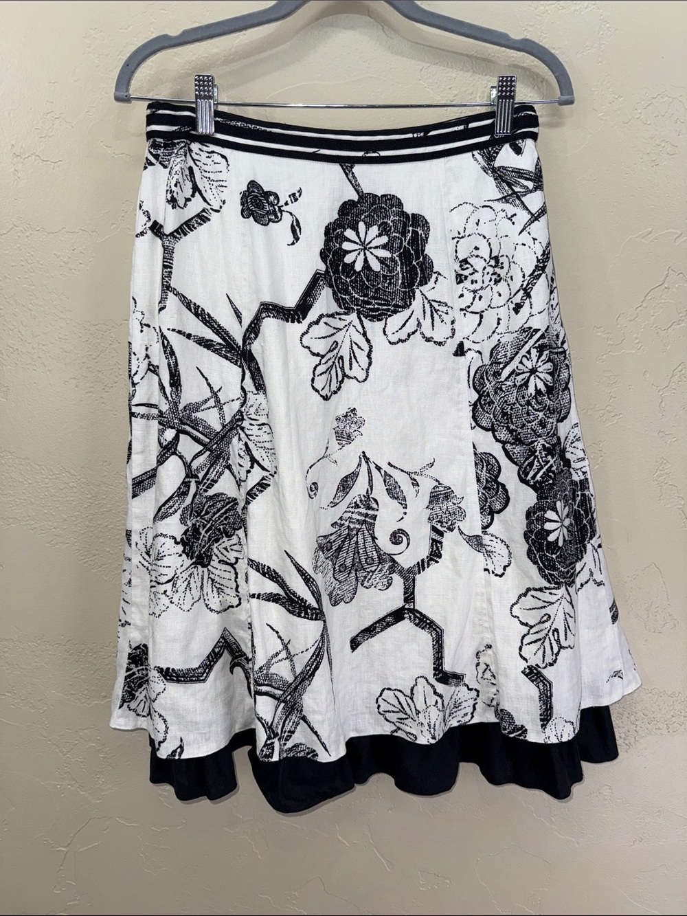 Knit Chic 100% Linen Black & White Floral A-Line Skirt Cottagecore Minimalist‎ 6